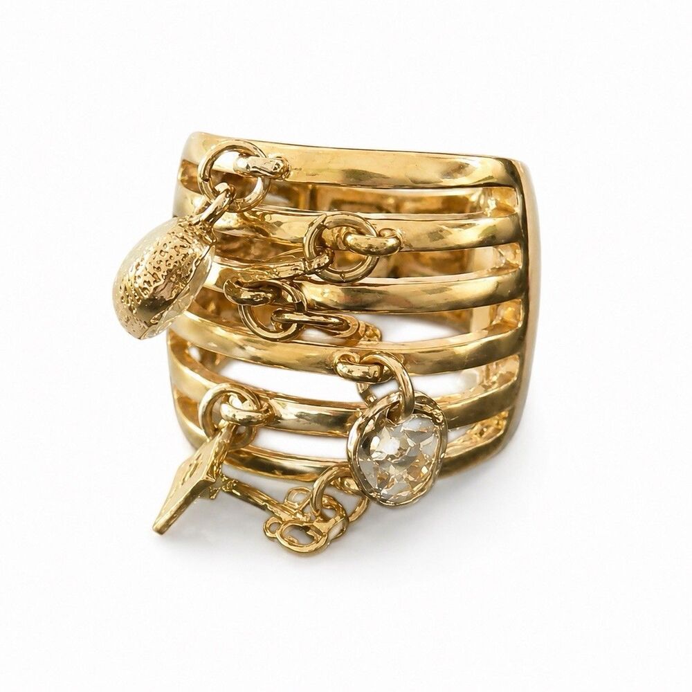Gold Tone Multi-Band Stretch Charm Ring  Adjustable Size 7–8 Key Lock Crystal